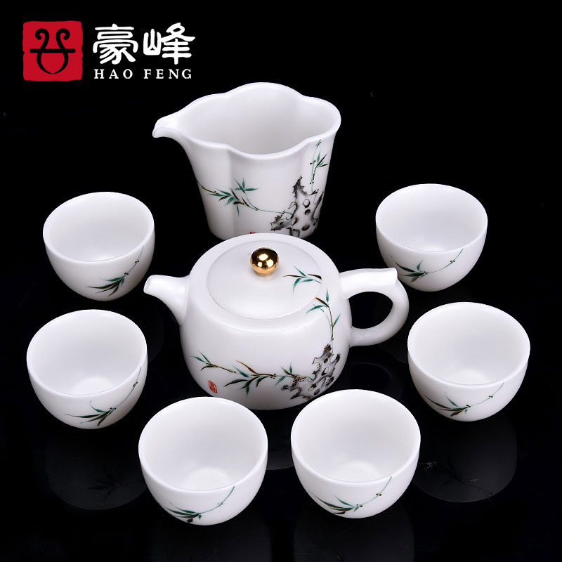 HaoFeng contracted tureen kung fu tea set porcelain dehua suet jade white porcelain of a complete set of tea tea