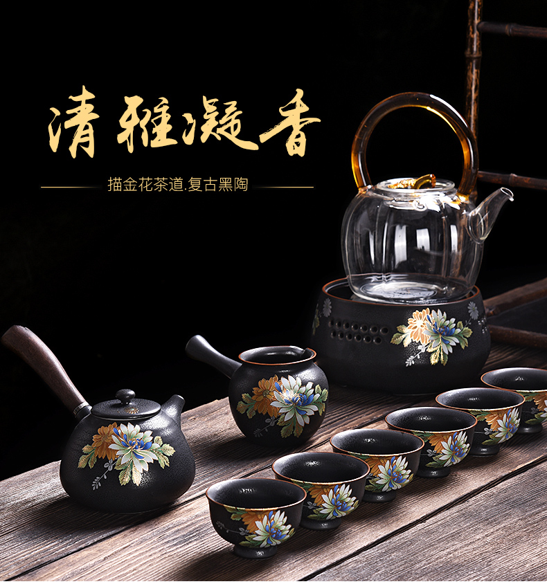 HaoFeng kung fu tea set ceramic hand made black pottery teapot teacup household utensils side teapot gift boxes