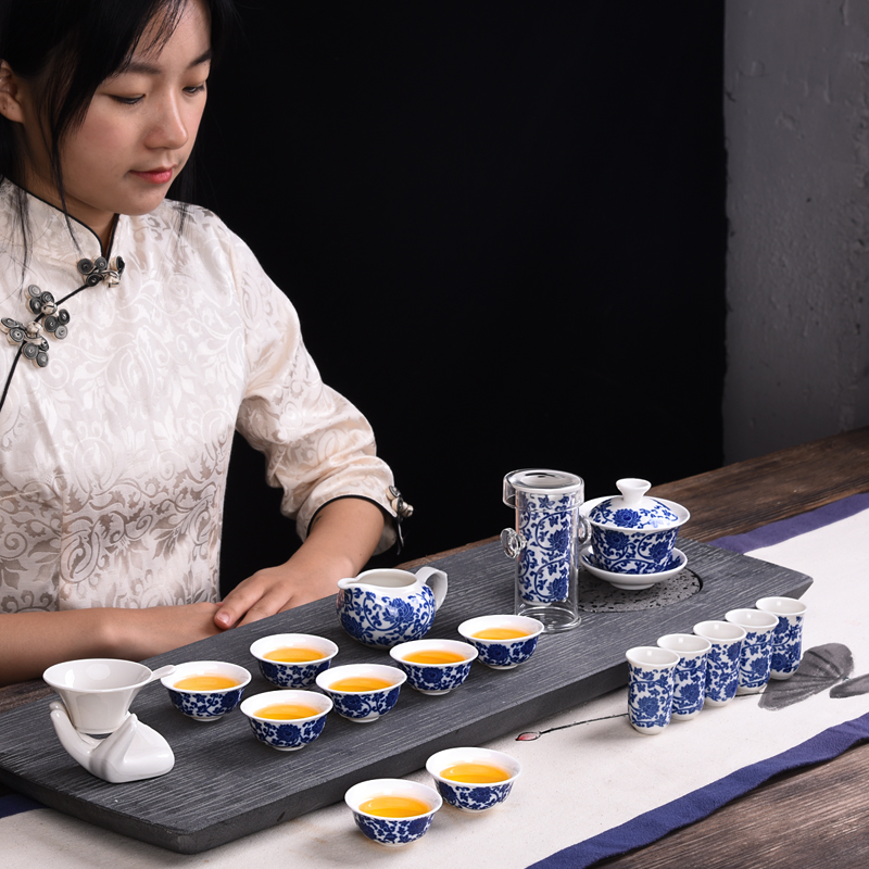 HaoFeng blue and white porcelain tea set suit household kung fu tea tea, teapot teacup tea sea GaiWanCha dao fittings