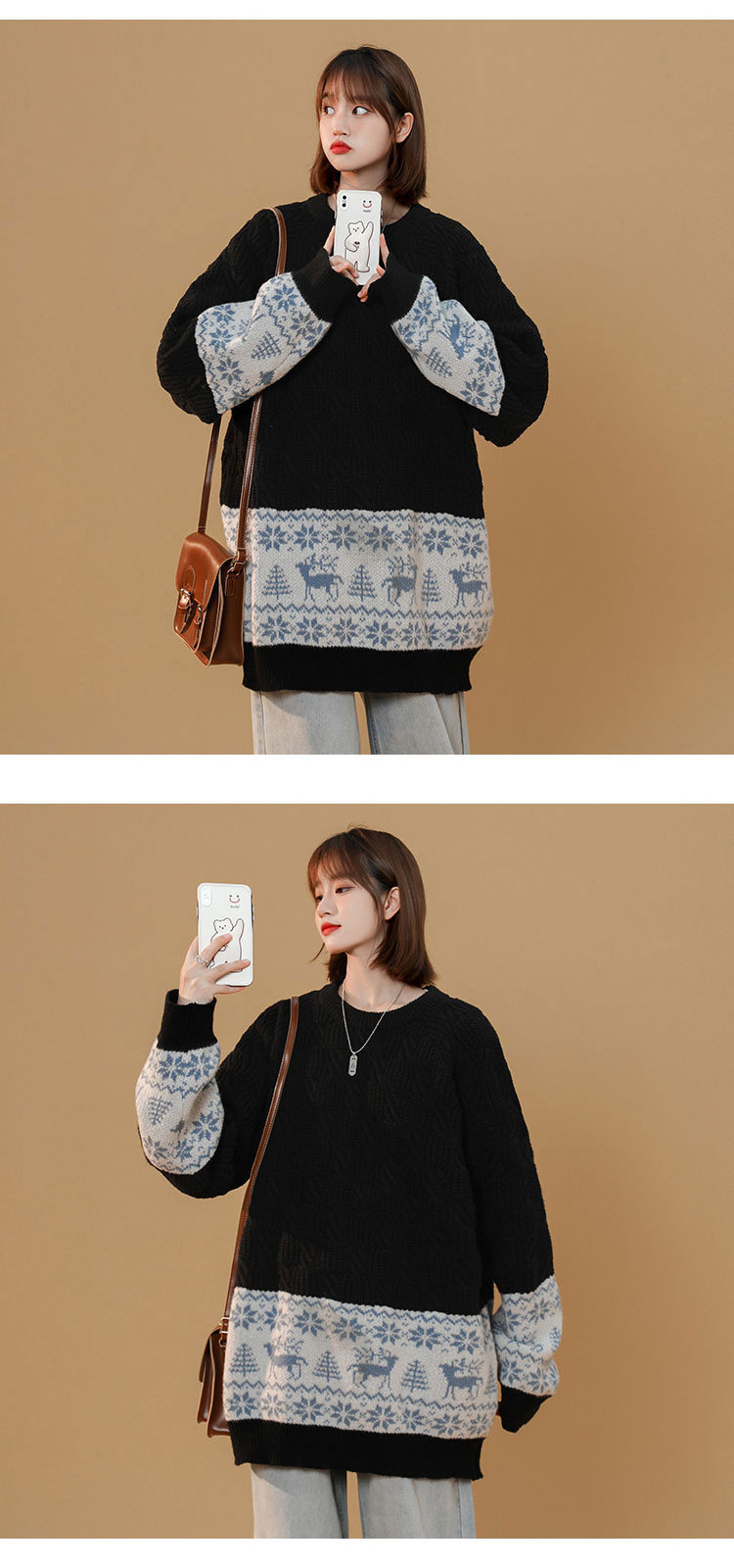 Women's Cartoon Jacquard Knit Sweater Loose Fit Pullover_voghion.com
