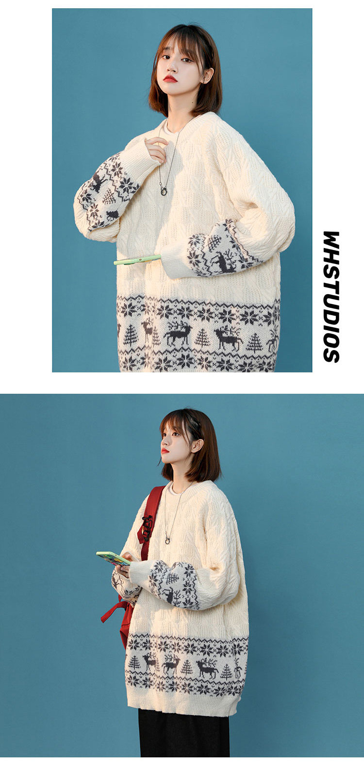 Women's Cartoon Jacquard Knit Sweater Loose Fit Pullover_voghion.com