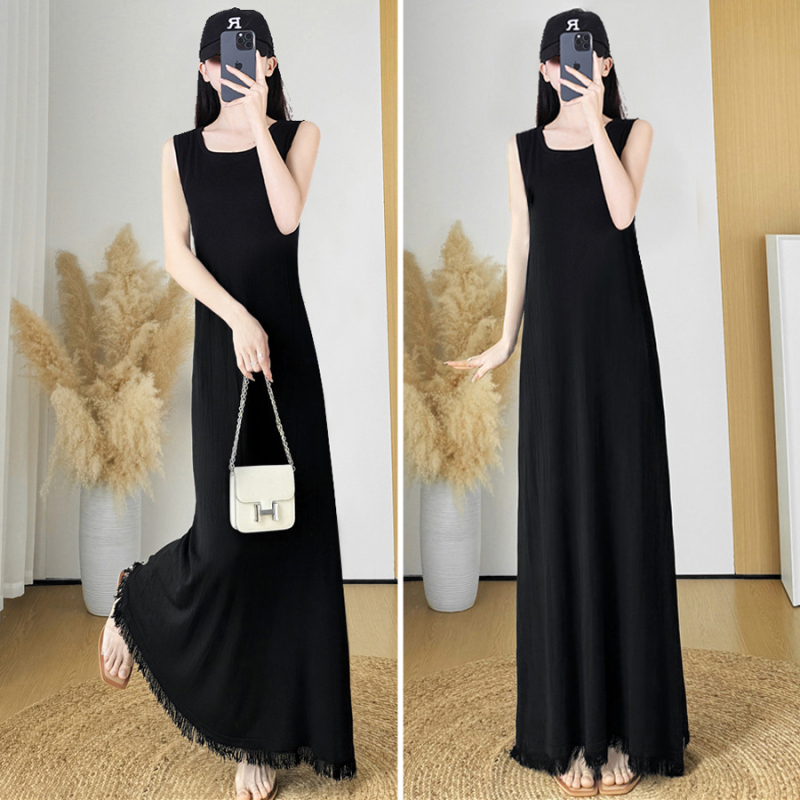 2026 Spring/Summer Casual Black Sleeveless Vest Dress for Women, Extra Long Tassel High Waist, Tummy Concealing, Slimming, Non-Stick Fabric