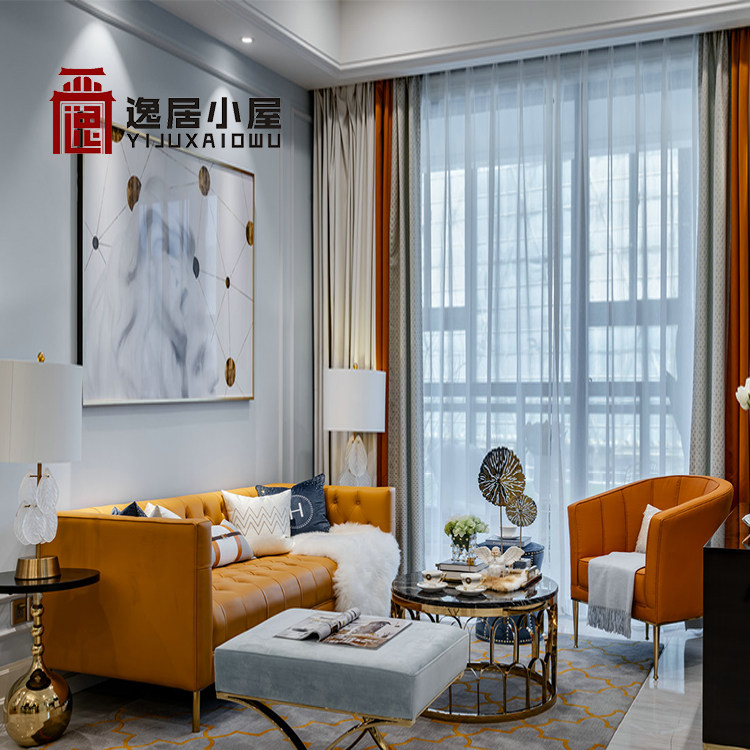 Postmodern light luxury fashion Hermes orange sofa Country Garden model room small apartment leather furniture customization
