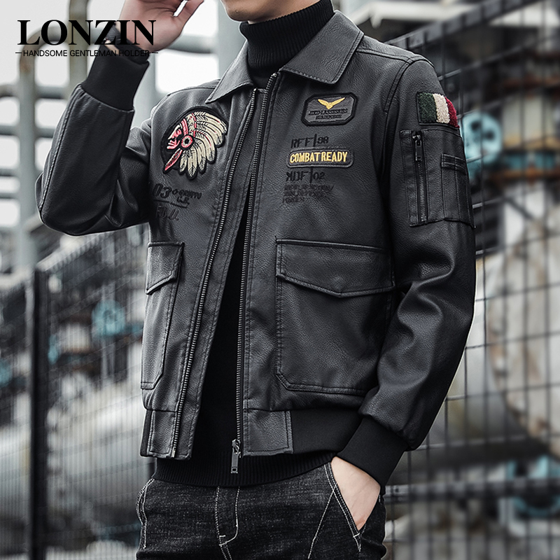 Spring and autumn season leather jacket men's locomotive clothes Korean version turned over embroidery trendsetters Imitation Leather Clothes Men's Coat-Taobao