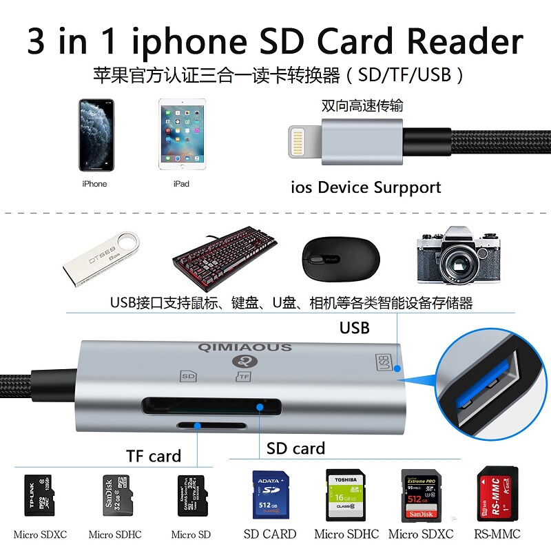 iPhone Apple Mfi Certified Mobile Phone Typec All-In-One USB Disk High-Speed Otg Universal Sd Conversion Card Reader
