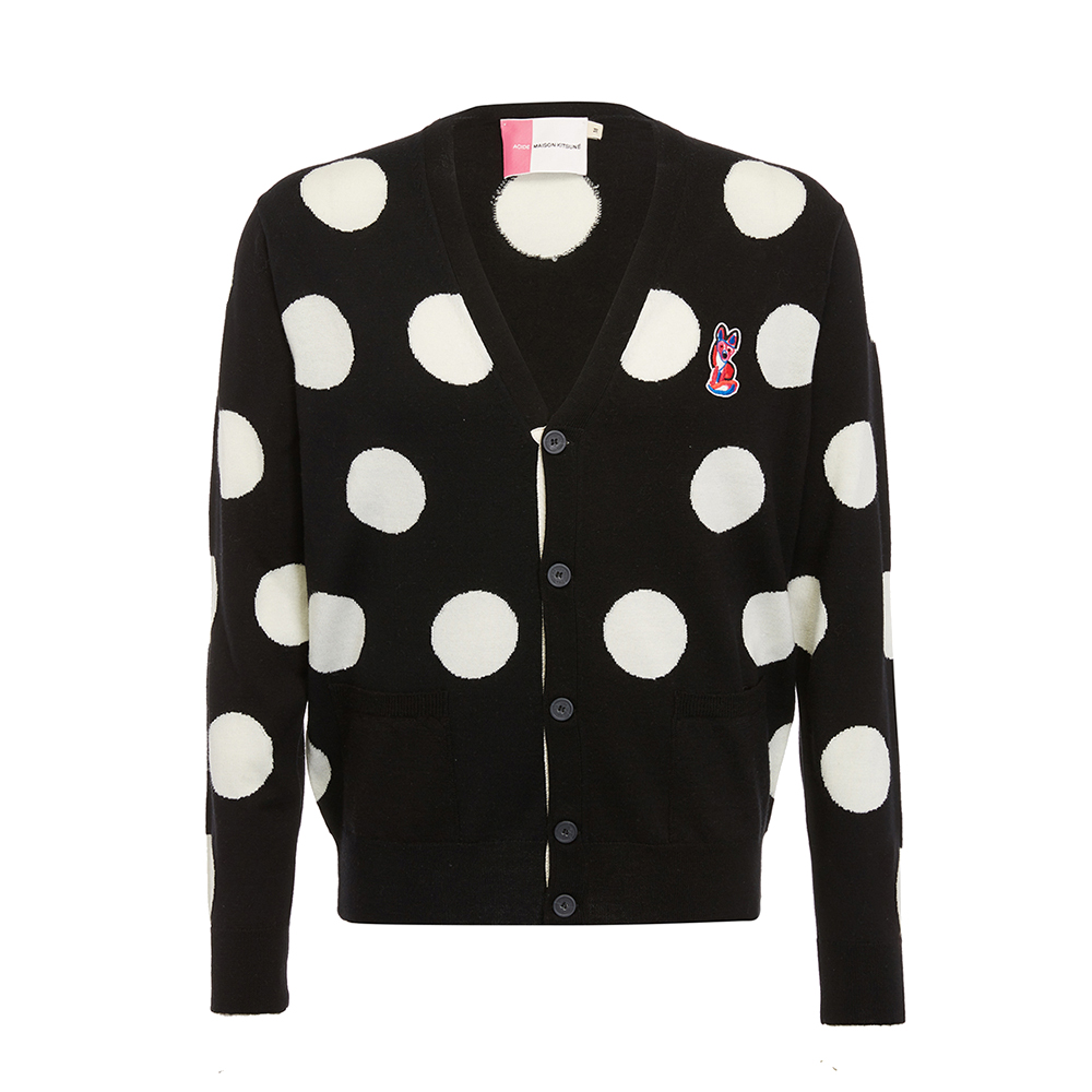 Maison Kitsune polka đen và trắng cừu tóc chấm pick-up của nam giới V-cổ đan áo nịt áo khoác.