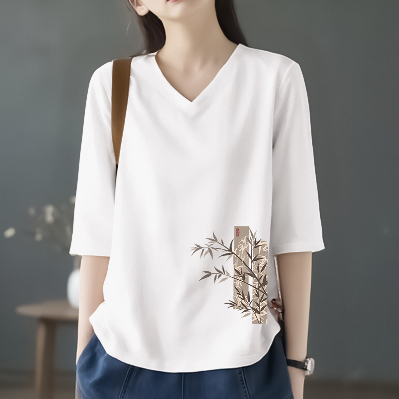 Clearance Bargain~ Brand Discount Women's Clothing Clearance 100% Cotton Top Spring Mid-Sleeve White Printed Three-Quarter Sleeve T-Shirt