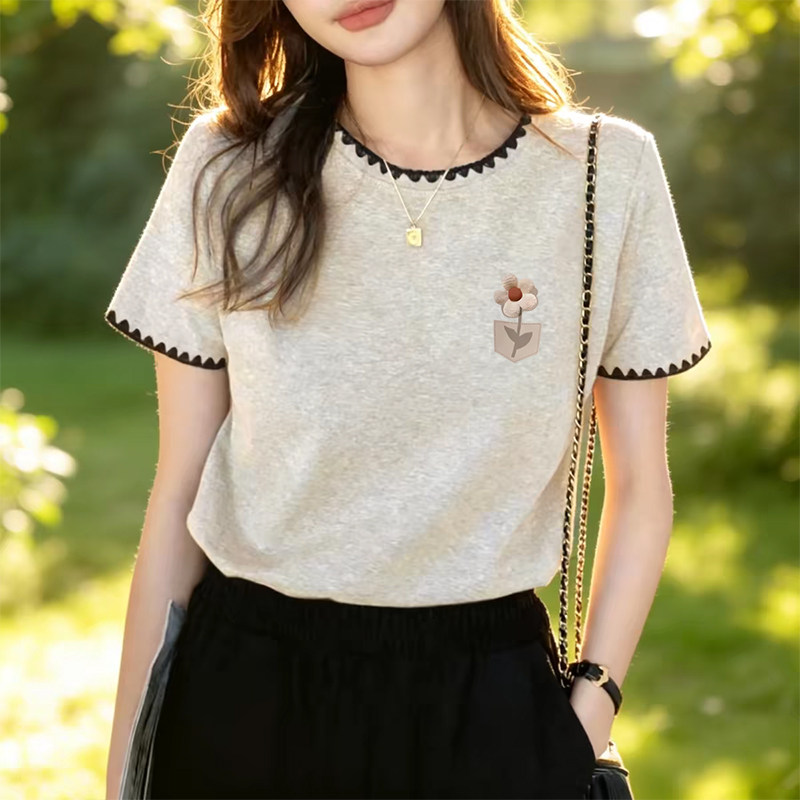 新款休闲大码显瘦遮肚爆款100%纯棉上衣宽松拼色短袖时尚女t恤潮