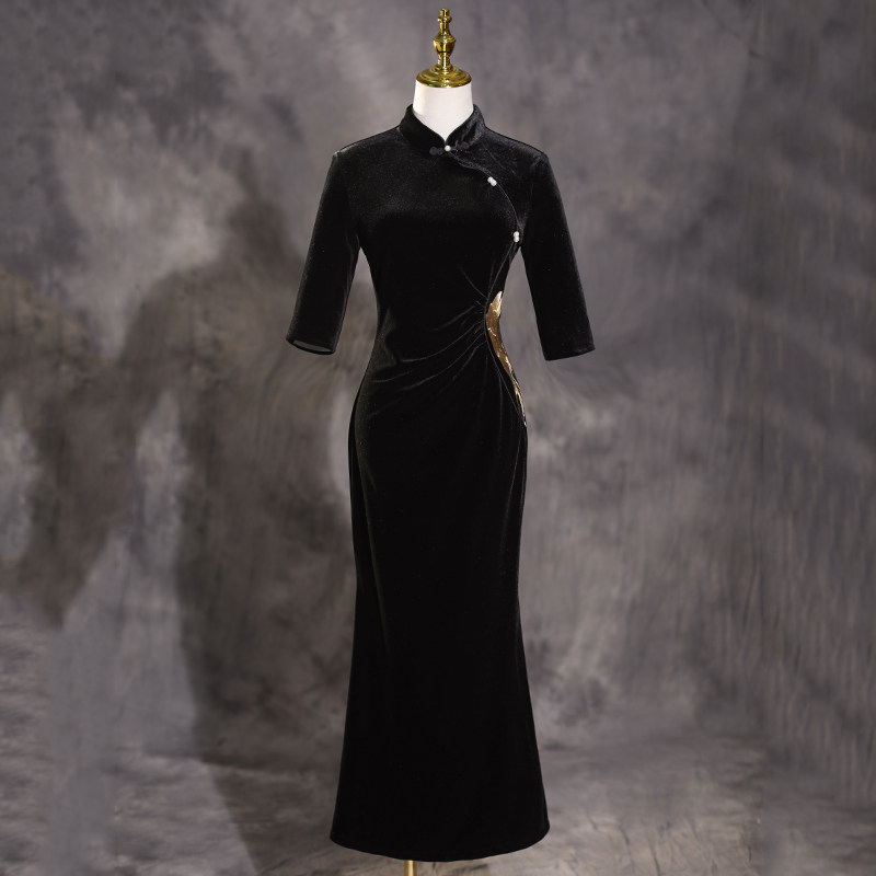 High-end Velvet Qipao 2022 New Improved Retro China Wind Walk Show Black Long Version Women's Dress Summer