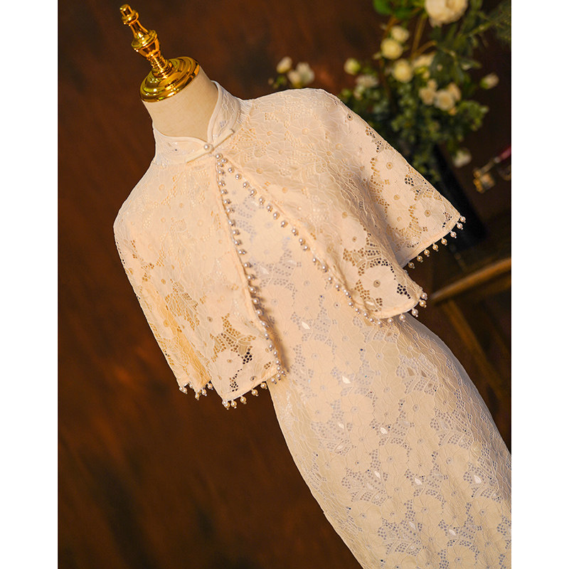 Si Teng same style cheongsam improved version dress female retro temperament Republic of China lace shawl Chinese style short autumn and winter - Taobao