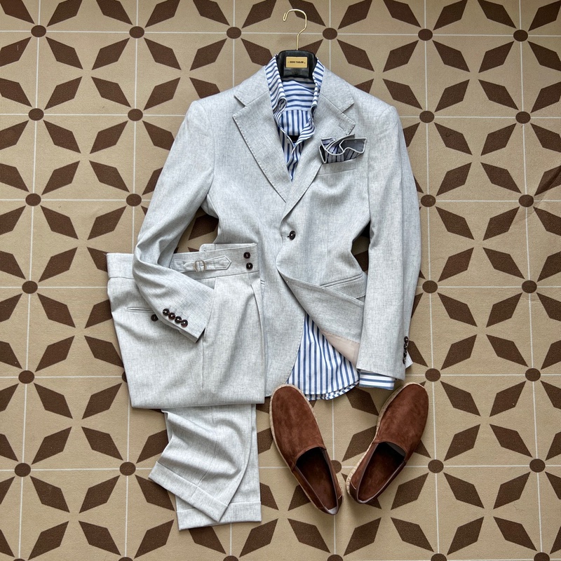 Italian Neapolitan Lightweight Bamboo Linen Suit Men's Slim-Fit Business Casual Light Gray Suit Set Italian Neapolitan Lightweight Bamboo Linen Suit Men's Slim-Fit Business Casual Light Gray Suit Set