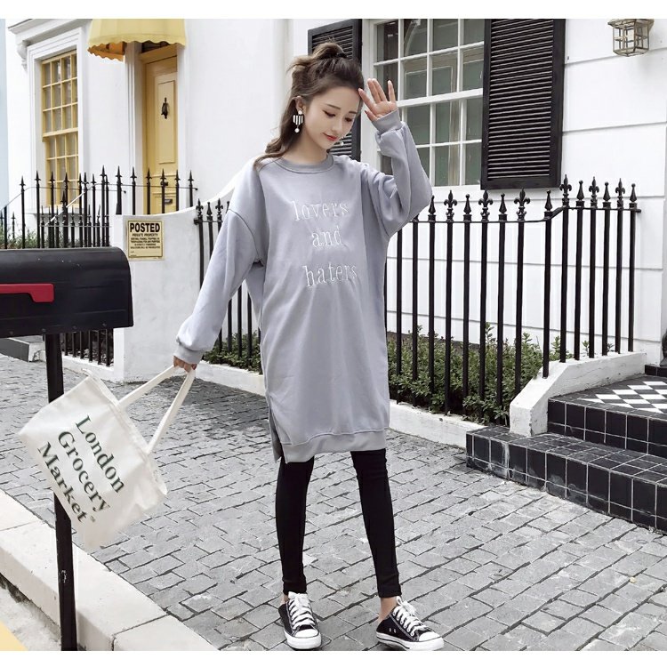 Váy bà bầu size lớn 2018 thu đông mặc áo len mới cho bà bầu cộng với áo nhung dài rộng rãi cộng với phân bón 200 kg đầm bầu công sở dáng dài