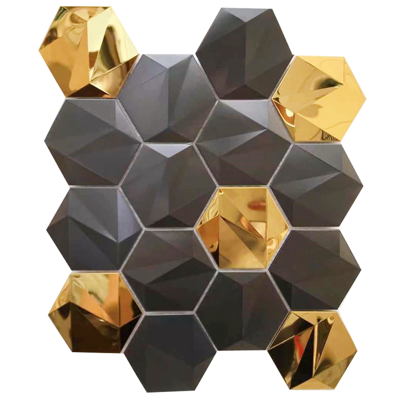 3D three-dimensional black gold blue silver metal stainless steel hexagonal mosaic tile KTV background wall engineering decoration