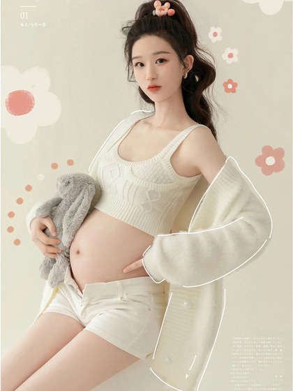 Pregnant women photoshoot clothing couple photo fashion white sling knitting beautiful art photo fresh big belly mommy photo