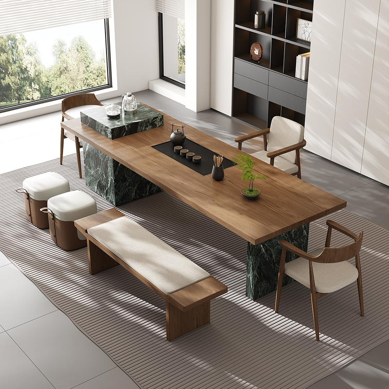 Solid Wood Tea Table and Chair Set, One Table and Five Chairs, for Home or Office, Large Tea Table, Light Luxury, Modern, Simple, High-End Island Table