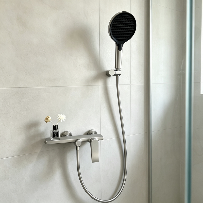 German All-Copper Brushed Nickel Minimalist Topless Shower Set with Shelf, Bathroom Waterfall Bathtub Faucet
