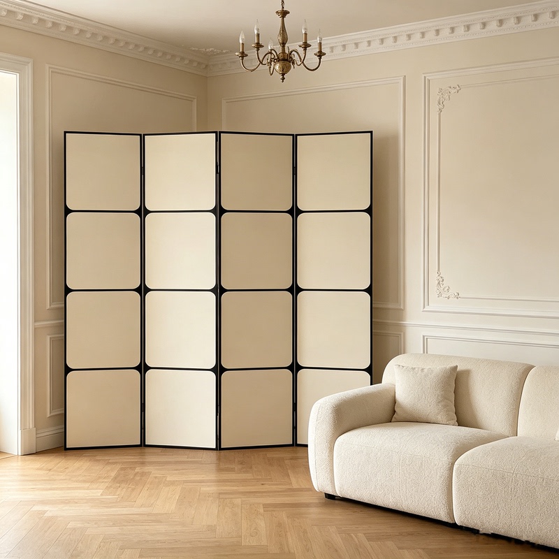 French-Style Plaid Cream-Colored Screen Partition for Living Room, Entryway, Foldable and Movable Office, Bedroom, Modern and Simple French-Style Plaid Cream-Colored Screen Partition for Living Room, Entryway, Foldable and Movable Office, Bedroom, Modern and Simple