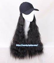 Black hat wig one female dark brown long curly hair corn hot noodles roll natural Net red realistic full head cover