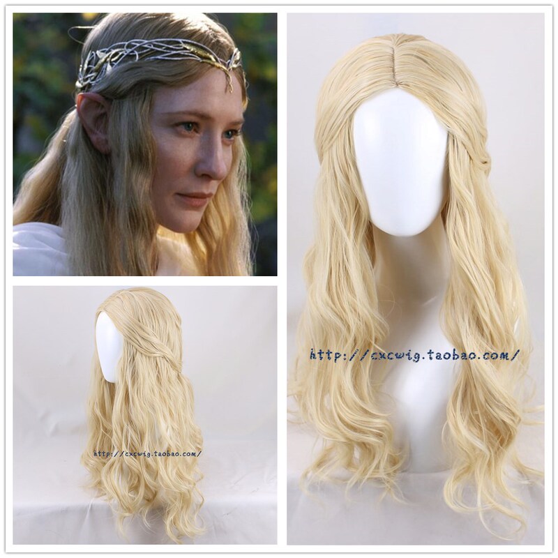 Hobbit Elven Queen Galadriel Light Blonde Middle-Parted Long Curly Hair Cosplay Anime Wig