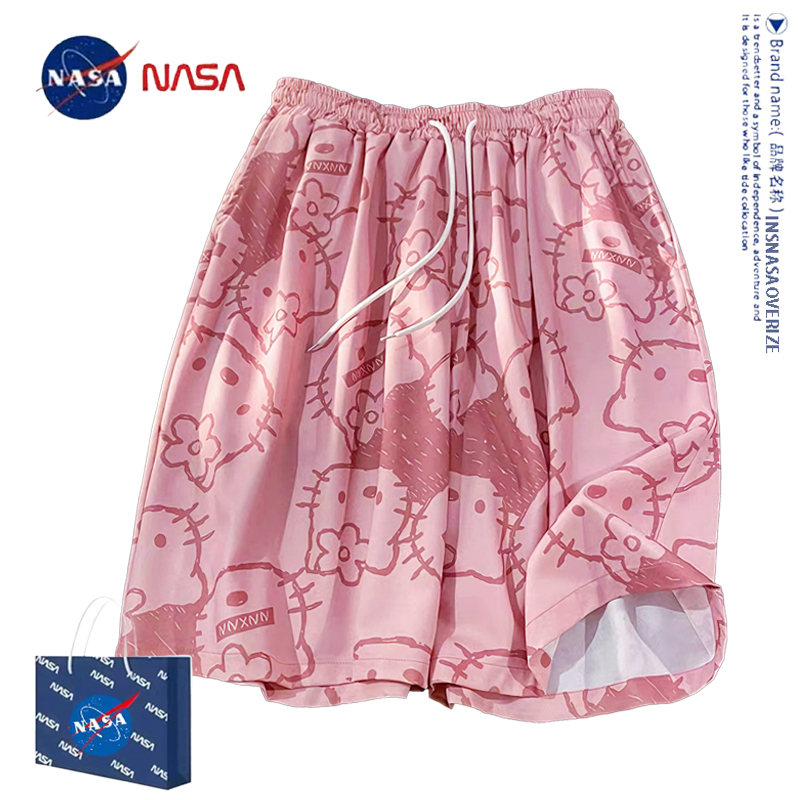 Nasa Co-Branded Hello Kitty Shorts for Men and Women, Summer Cartoon Ice Silk Pajama Pants, Hellokitty Casual Beach Pants