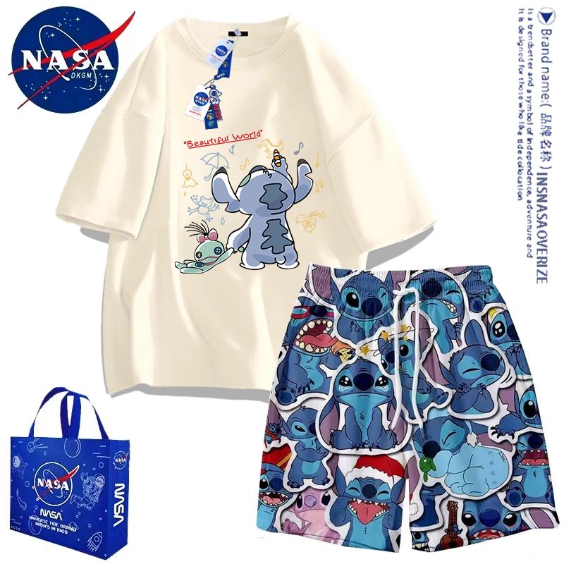 Nasa Co-Branded Disney Stitch Pajamas for Men and Women, Summer Couple Short-Sleeved T-Shirt and Shorts Home Wear Set