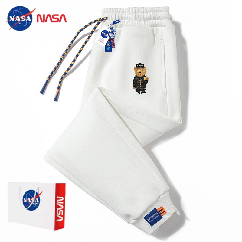 Nasa Collaboration Bear Print Sweatpants for Men, New Autumn and Winter Fleece-Lined Joggers, Trendy Brand Loose Fit Casual Long Pants