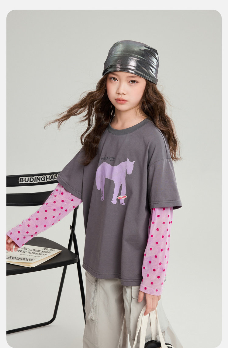 Pudding Haru 2026 Summer Collection Girls' Cool-Touch Breathable Faux Two-Piece Sun Protection Long Sleeve T-Shirt — 18