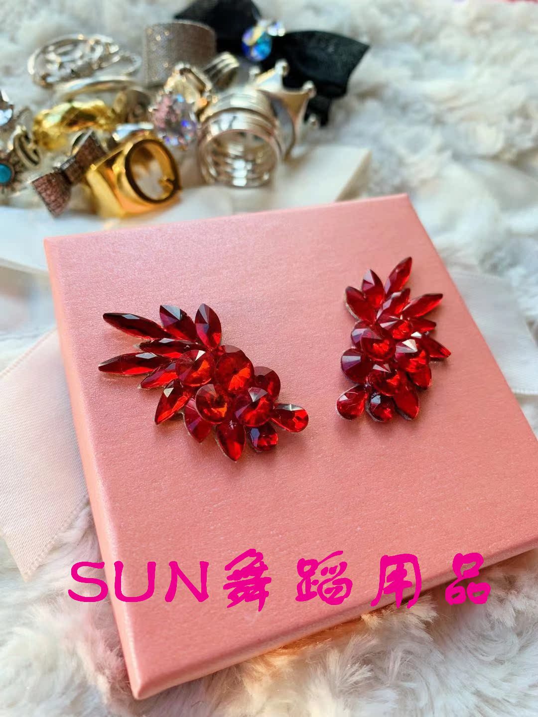 Professional national standard dance Latin stage performance modern dance earrings ear pin ear clip red diamond bridal accessories
