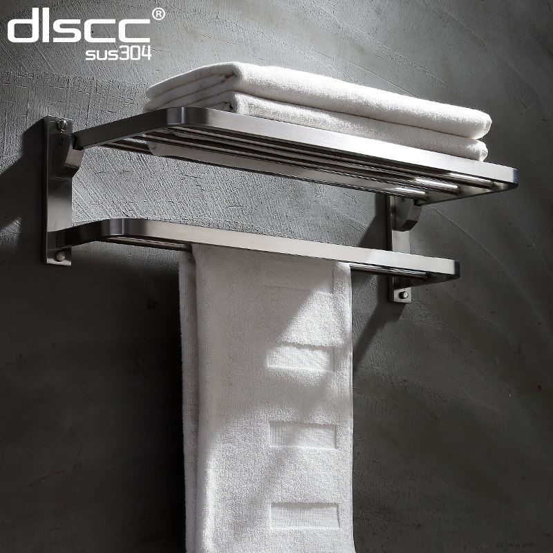 304 Stainless Steel Towel Rack Bathroom Shelve Makeup Room Hardware Pendant Thickened Folding Punching Type Bath Towels
