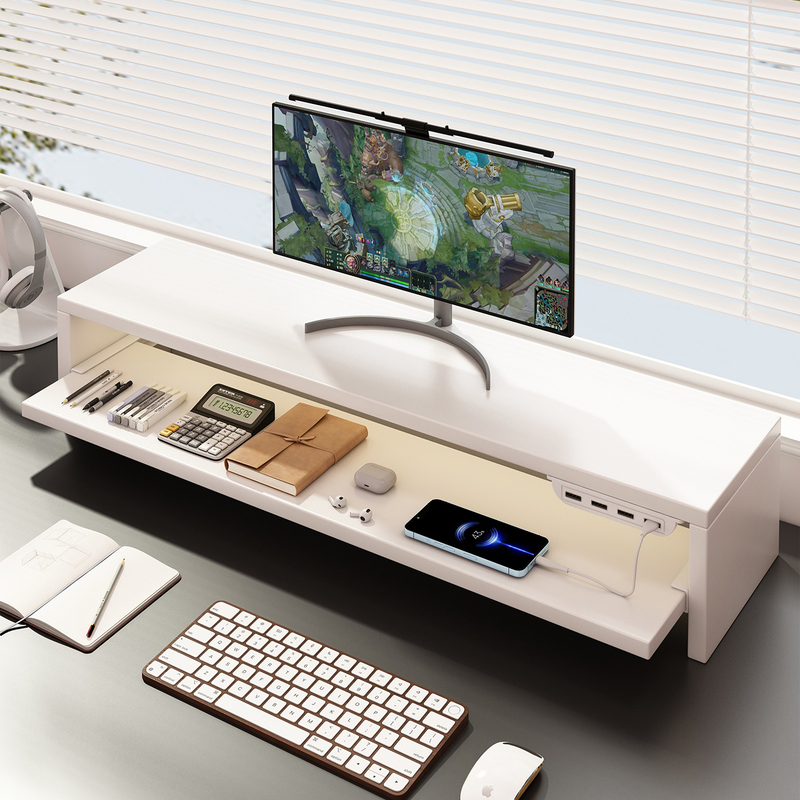 E-Sports Computer Monitor Riser, Multi-Functional with Drawer Storage, USB Docking Station, Wireless Charging for Laptops E-Sports Computer Monitor Riser, Multi-Functional with Drawer Storage, USB Docking Station, Wireless Charging for Laptops