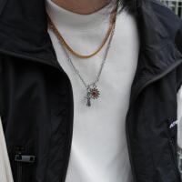 SAZ Japanese fashion niche retro gemstone daisy cross double pendant bamboo chain stackable autumn and winter sweater necklace