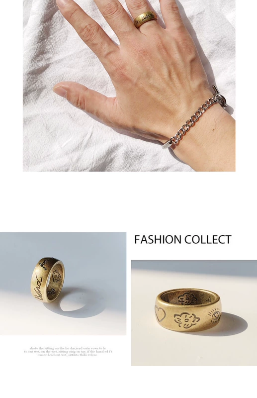 17FW Blind for Love Ring Fearless Love Eyes và Birds Letters Titanium Steel Cặp đôi nhẫn rộng