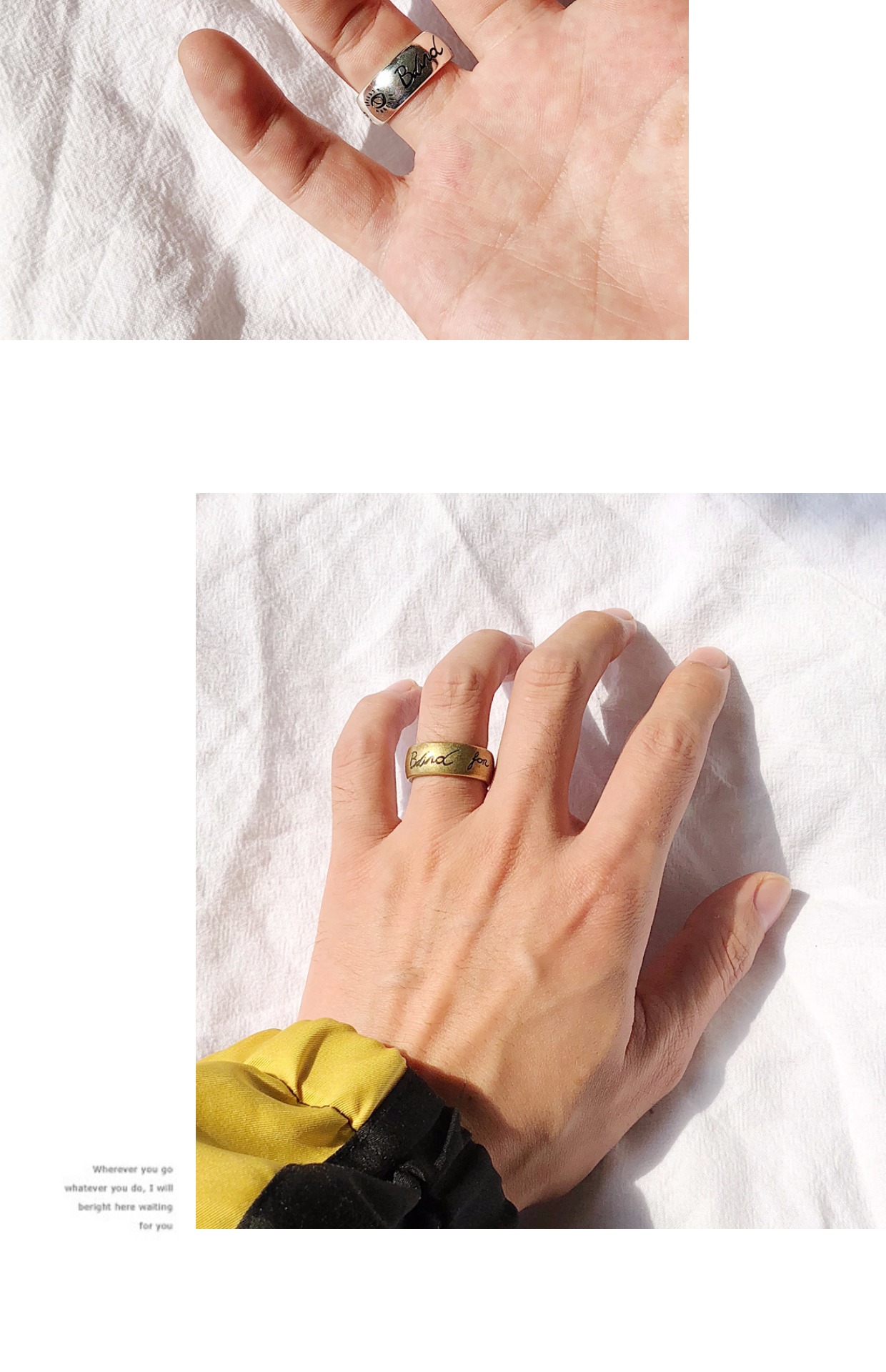 17FW Blind for Love Ring Fearless Love Eyes và Birds Letters Titanium Steel Cặp đôi nhẫn rộng nhẫn vàng trắng