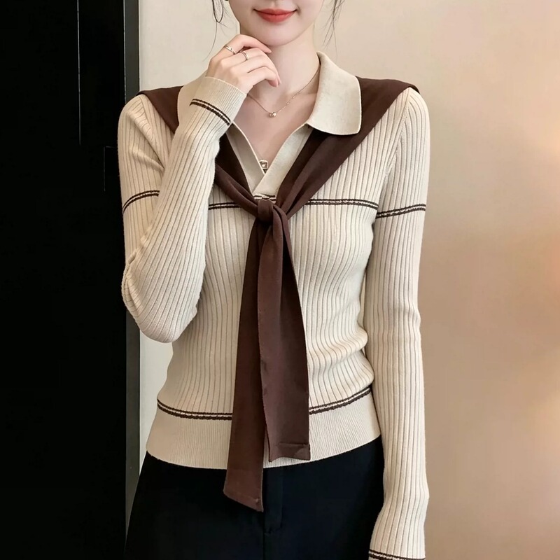 Korean Style Shawl Lapel Fake Two-Piece Long-Sleeved Knitwear for Women, Autumn Plus Size, Stylish, Casual, Work Clothing Top