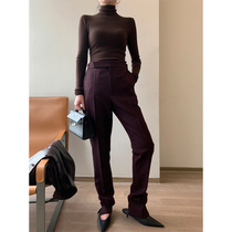 A Bow ) Year-end special berry red 100% worsted wool heart machine side slit twill wool trousers