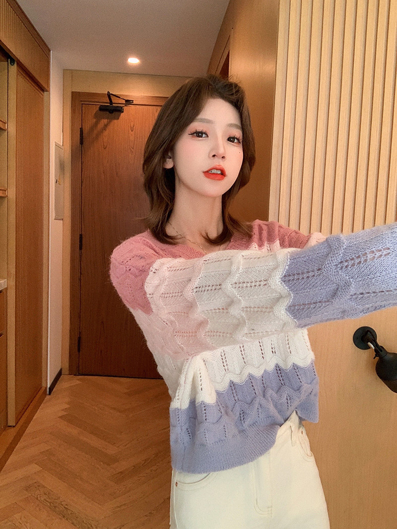 2022 Spring Dress New Bump Color Hollowed-out Small Fragrant Wind Ice Silk Needleweaters Women Design Sensation Slim Sweater Inset