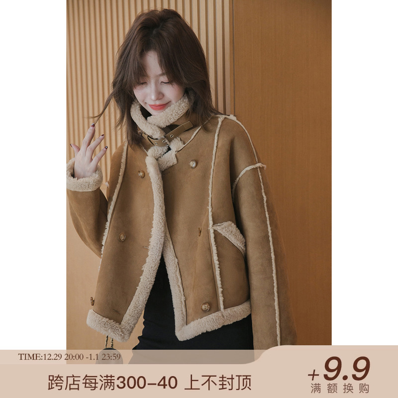 Small Valley Grain Short Coat 2023 Autumn Winter New Fashion Bump Color Leather integrated loose collar Conspiculy Slim blouses-Taobao