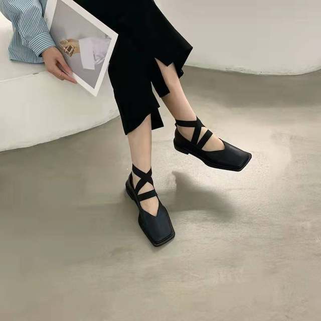 Retro strap temperament square head low heel Mary Jane grandma shoes women's retro casual soft surface mid-heel ballet shoes