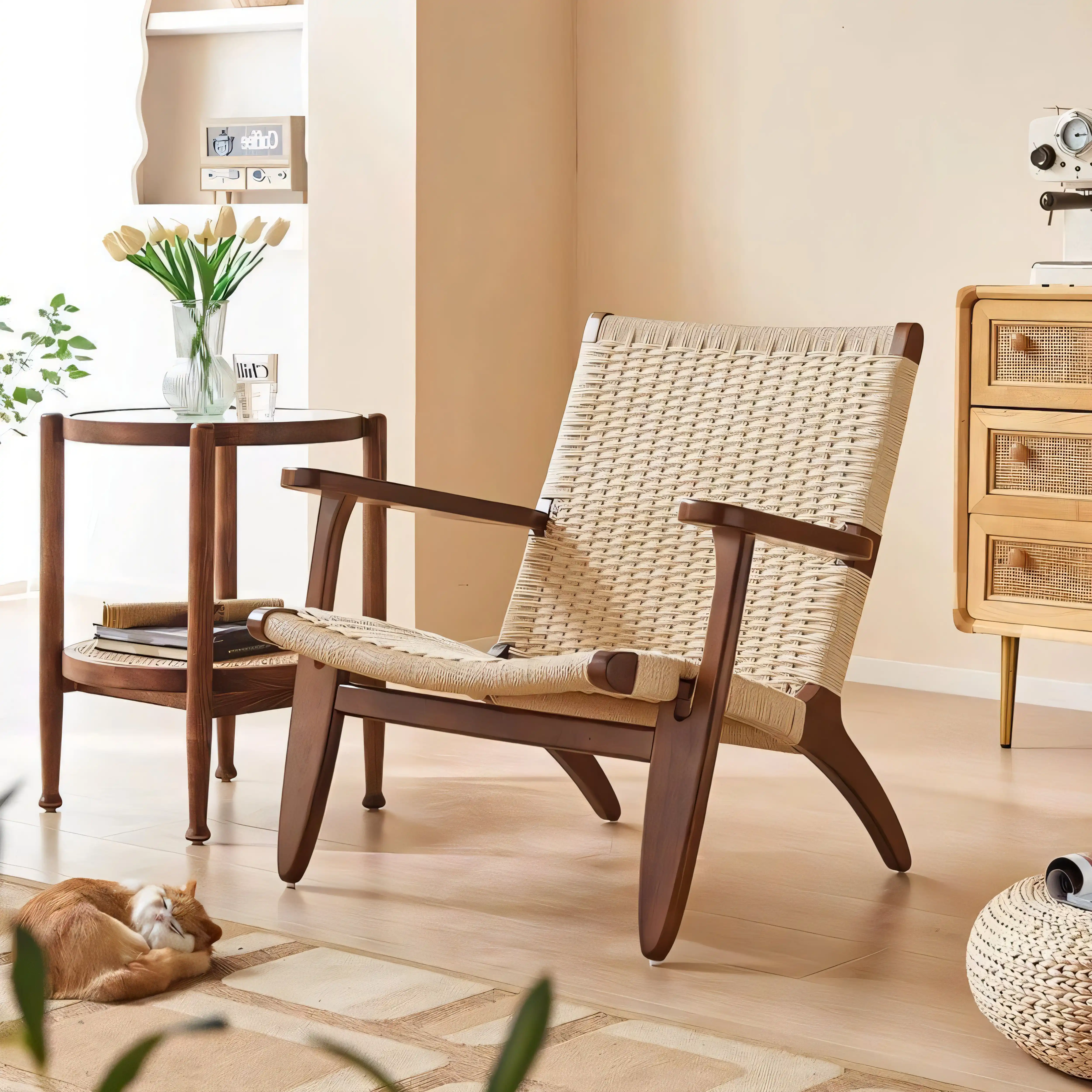 北欧实木绳编躺椅单人沙发椅民宿酒店懒人椅阳台休闲马鞍椅看书椅