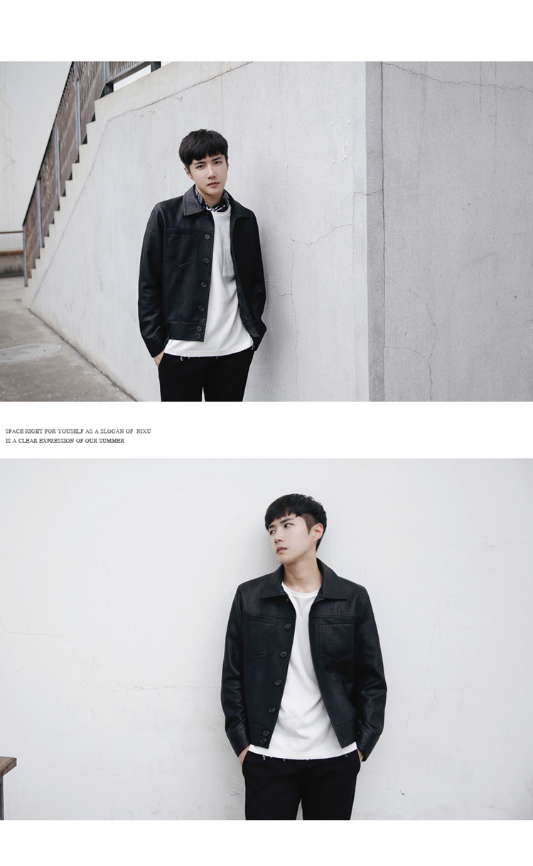 Ifashion của nam giới Hàn Quốc ulzzang Dongdaemun màu rắn màu đen và trắng dụng cụ ve áo áo khoác da áo khoác thủy triều áo phao nam