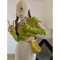 NSS COLLECTION trendy mustard green retro sleeve sleeve short-sleeved sweater early autumn niche knitted top women