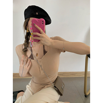 NSS COLLECTION Come with a cup of latte pure desire hanging neck top womens self-cultivation and thin fake two-piece short-sleeved T-shirt