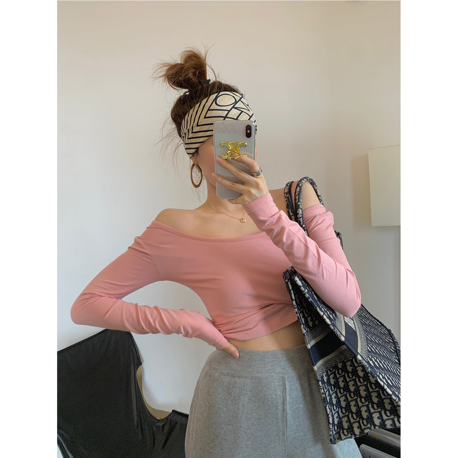 NSS COLLECTION Tencel Cotton U-Neck Silky Leaky Shoulder Short Tee Slim-Fit Soft Early Autumn Cropped Navel Bottoming Shirt