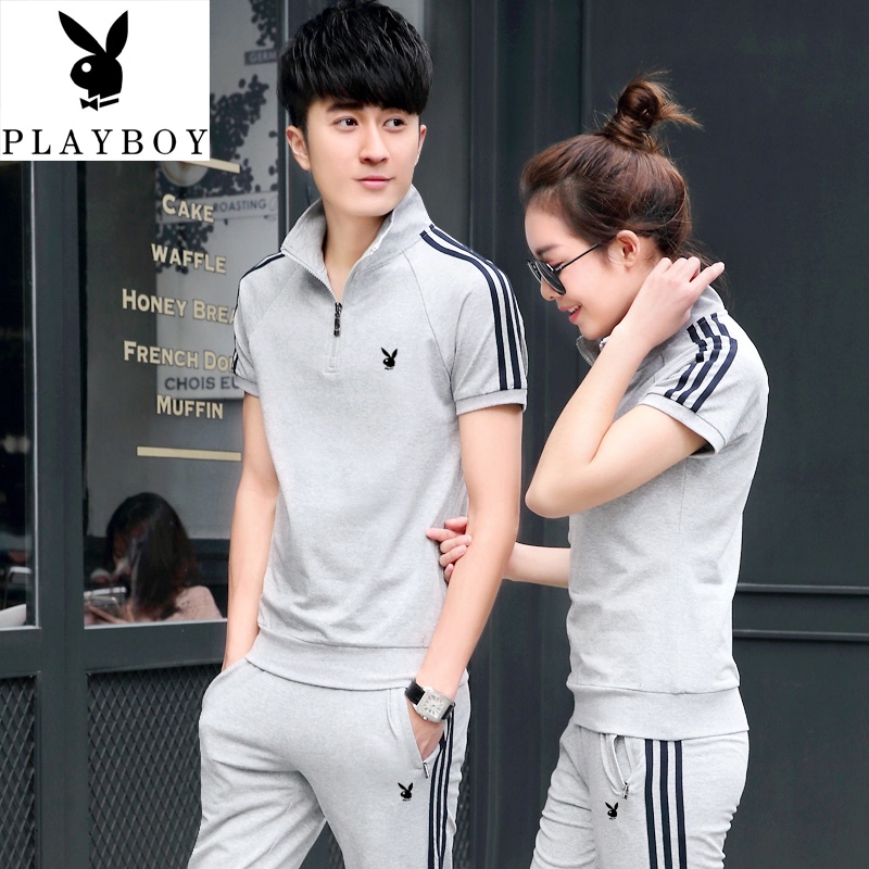 Playboy Summer Casual Sports Suit Men's T-Shirt Lapel Short-Sleeved Long Pants Couple Sportswear Women's Three-Piece Set