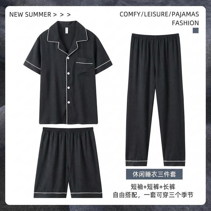 Yunduo Pure Cotton Gauze Men's Pajamas Summer Short-Sleeved Shorts and Long Pants Three-Piece Set Korean Style Simple Home Wear Set Thin Yunduo Pure Cotton Gauze Men's Pajamas Summer Short-Sleeved Shorts and Long Pants Three-Piece Set Korean Style Simple Home Wear Set Thin