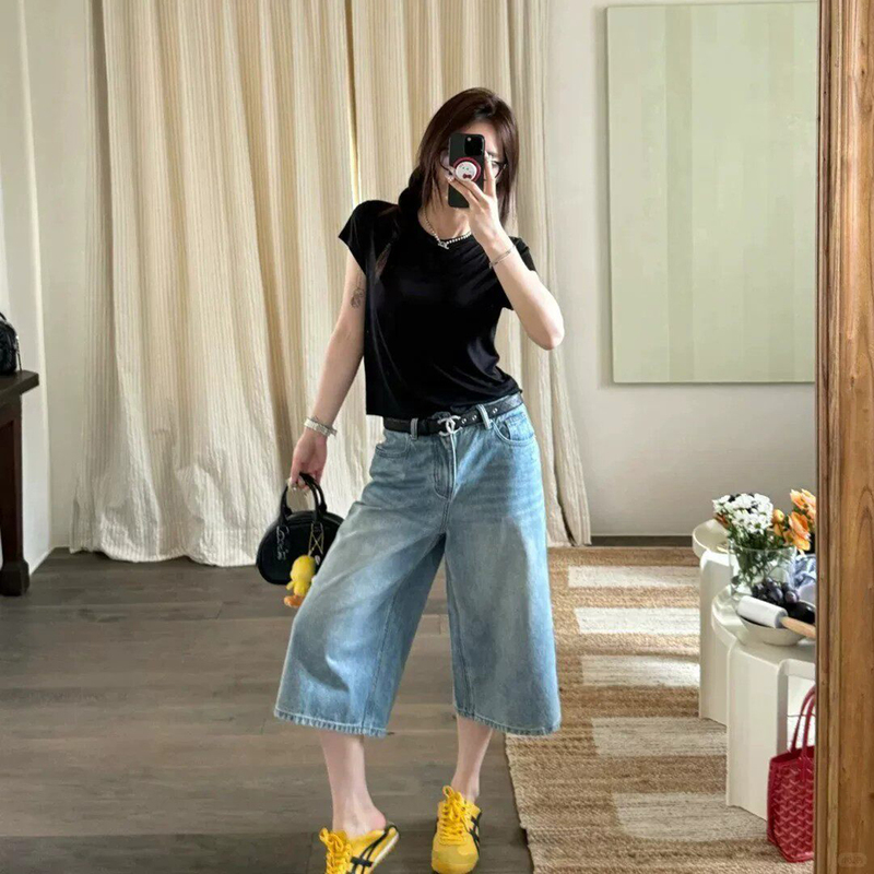 Blue Washed Denim Wide-Leg Cropped Pants for Women, Summer Thin High-Waisted Slimming Versatile Straight-Leg Pants, 7/8 Length Pants