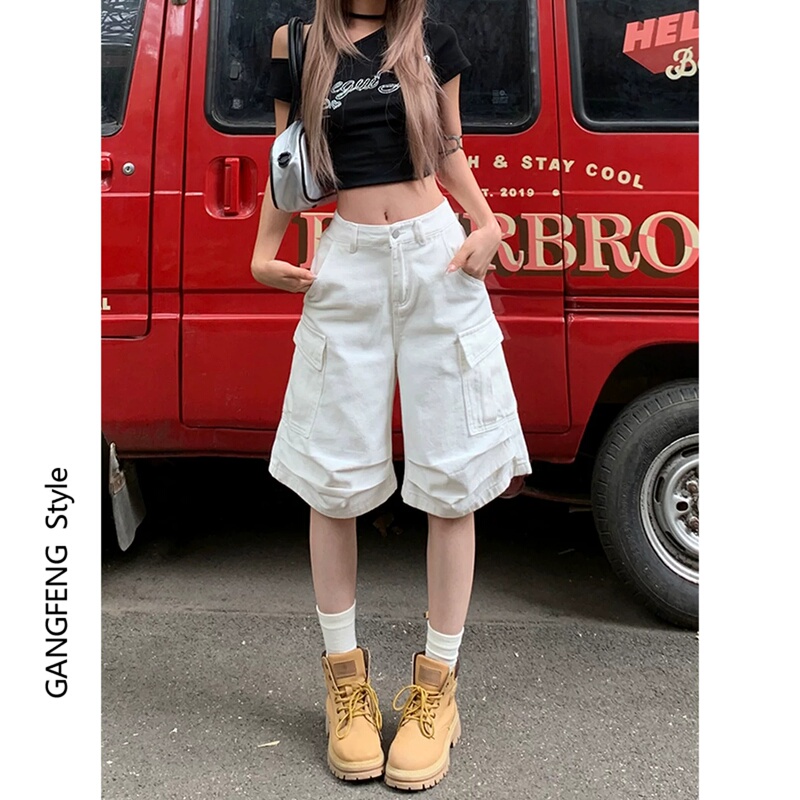 American Retro White Wide-Leg Workwear Denim Shorts for Women, Summer High-Waisted Loose Multi-Pocket Casual Straight Mid-Length Pants