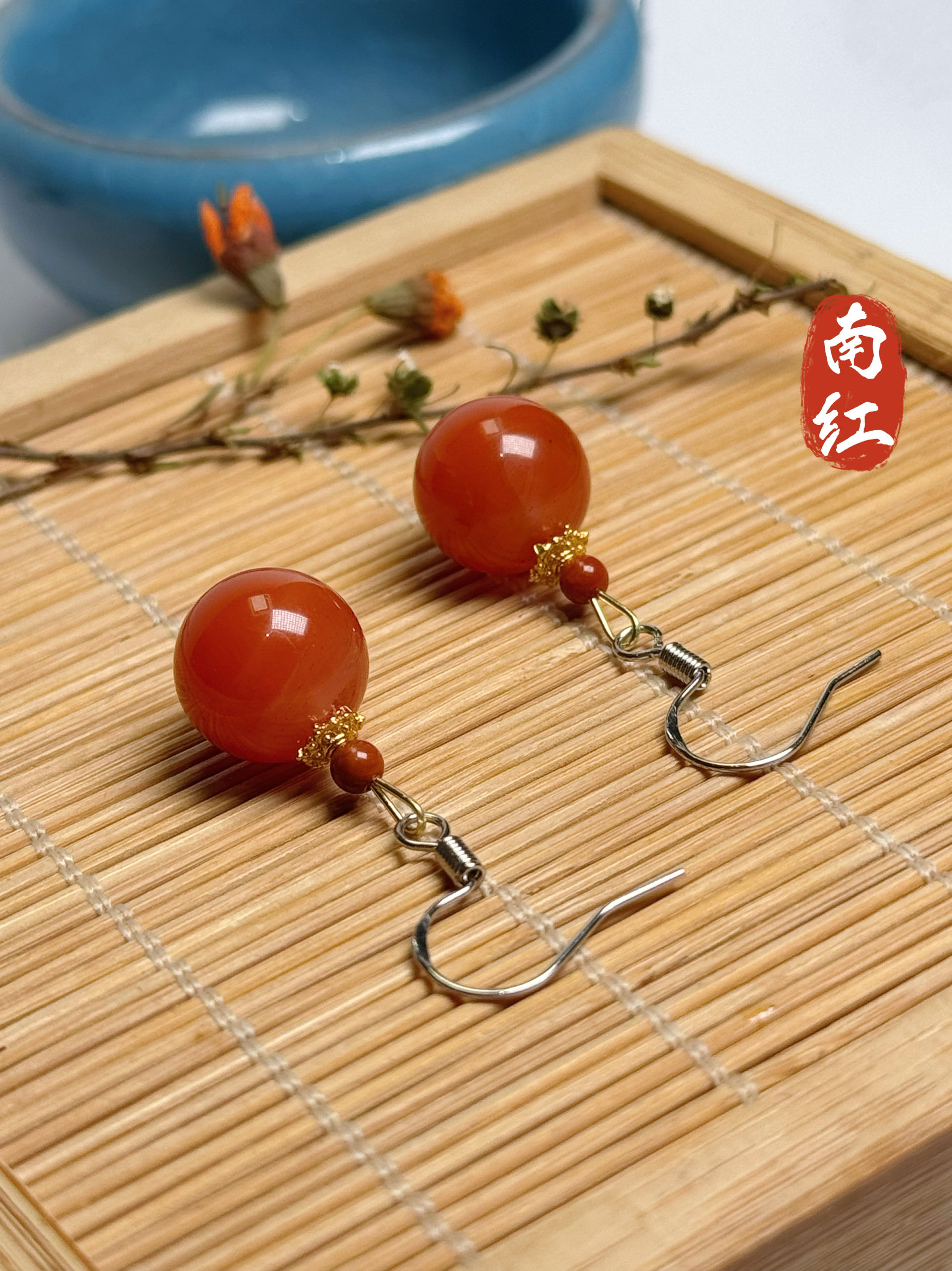 Серьги 天然南红玛瑙耳坠搭配绿松石珍珠925银钩耳坠耳饰原创手工送女友 Hua Yuxuan