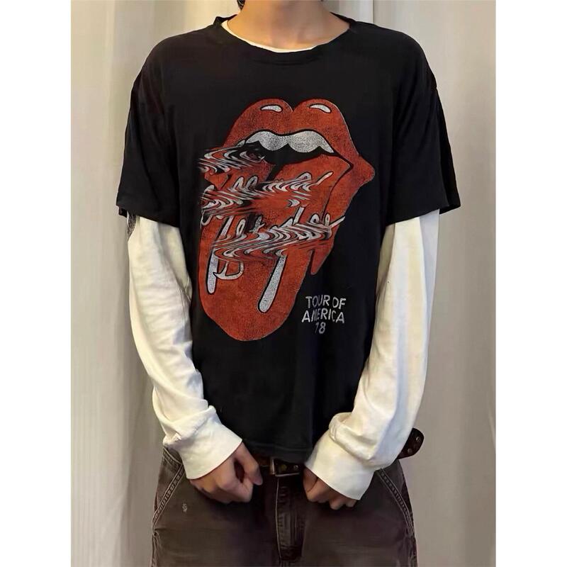 Stainless Rolling Stones Short-Sleeved Vintage Big Print Washed Distressed Street Skinny T-Shirt Stainless Rolling Stones Short-Sleeved Vintage Big Print Washed Distressed Street Skinny T-Shirt