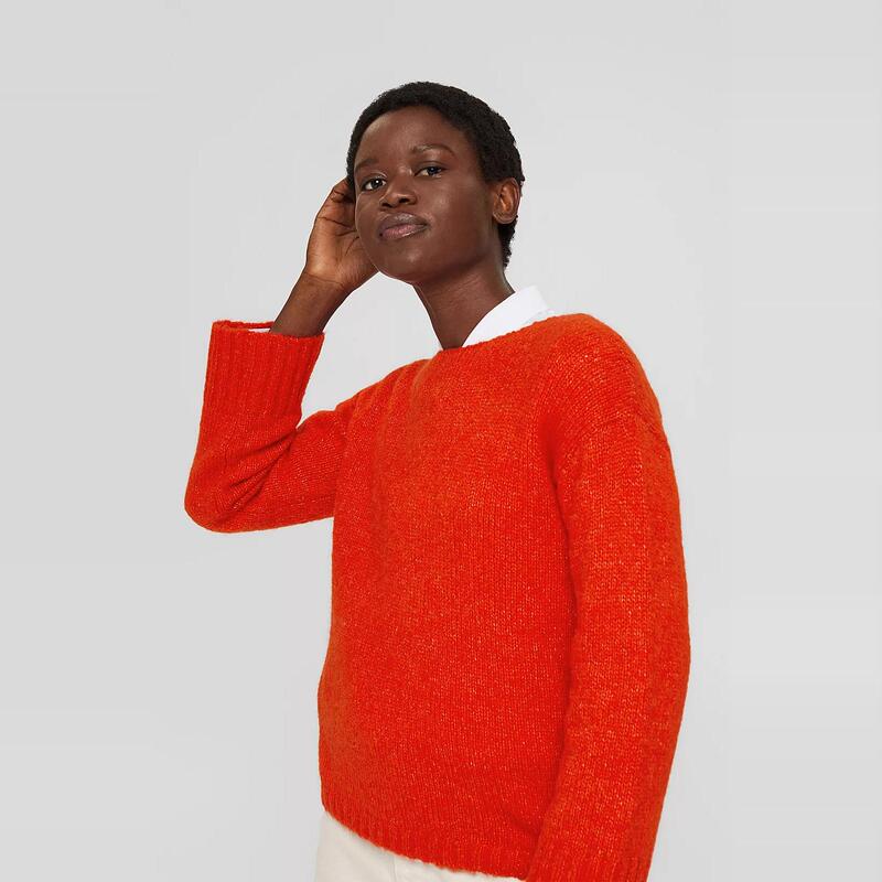 Esp** Women's Autumn/Winter Black Label Red Boat Neck Pullover Wide Sleeve Knitted Sweater 006